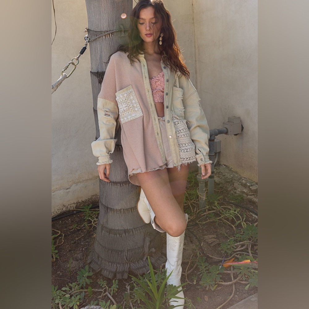 LAST ONE POL Crochet Lace Corduroy Button Down Shacket - Picture 4 of 6